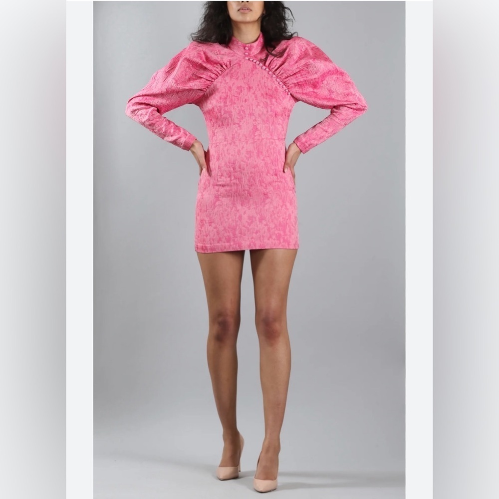 Rotate Birger Christensen Jacquard Mini Puff Sleeve Pink Dress Sz 38/ Medium - Picture 5 of 12